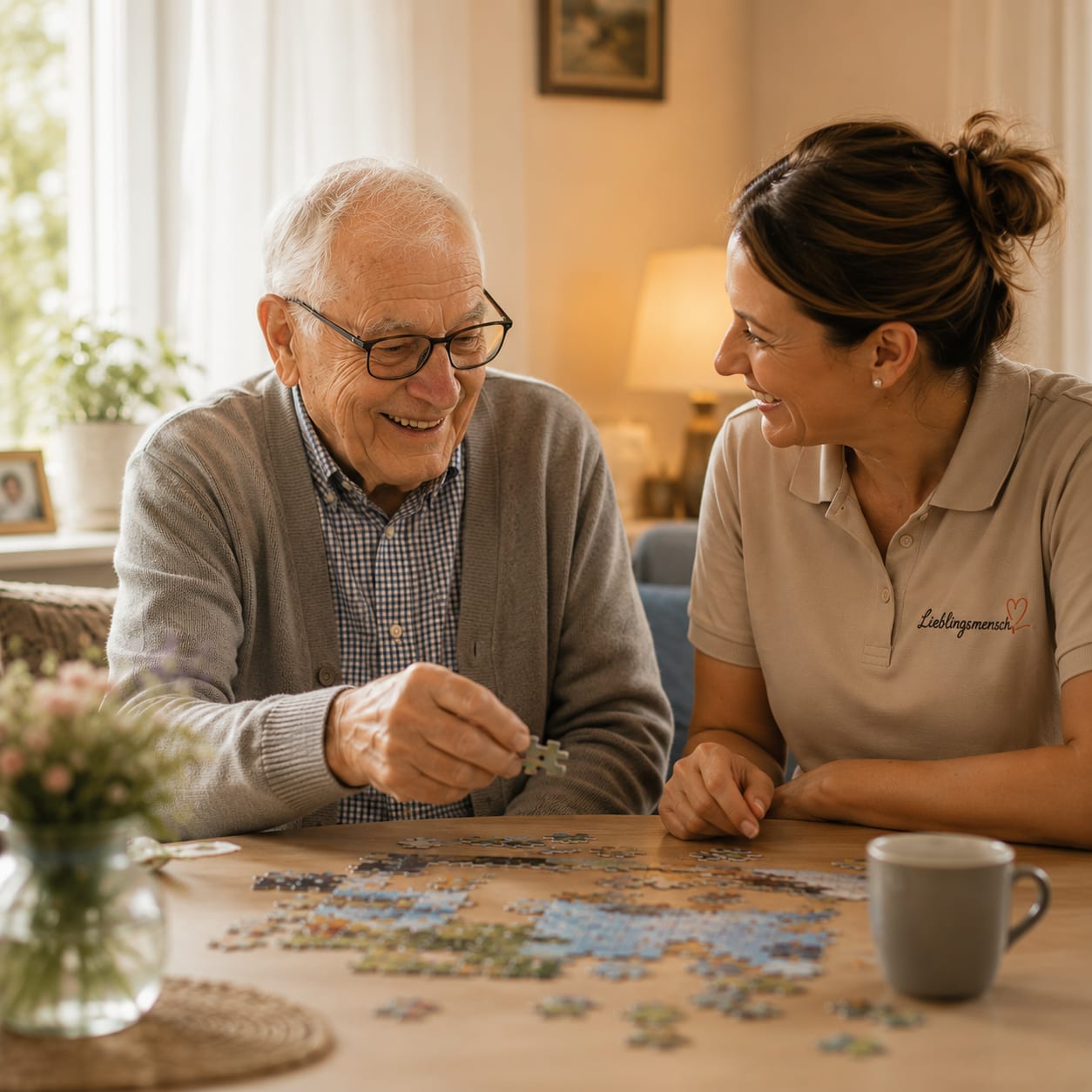 Alltagsbegleiterin unterstützt Senior beim gemeinsamen Puzzle im Zuhause
