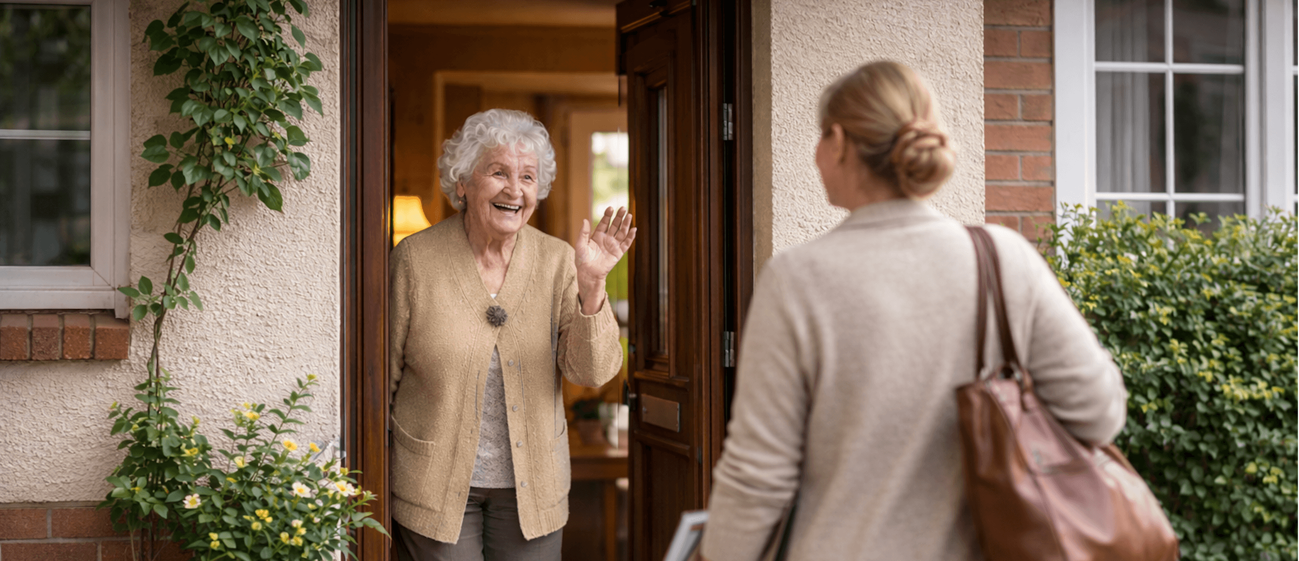 Seniorin freut sich über den Besuch ihrer Alltagsbegleiterin an der Haustür