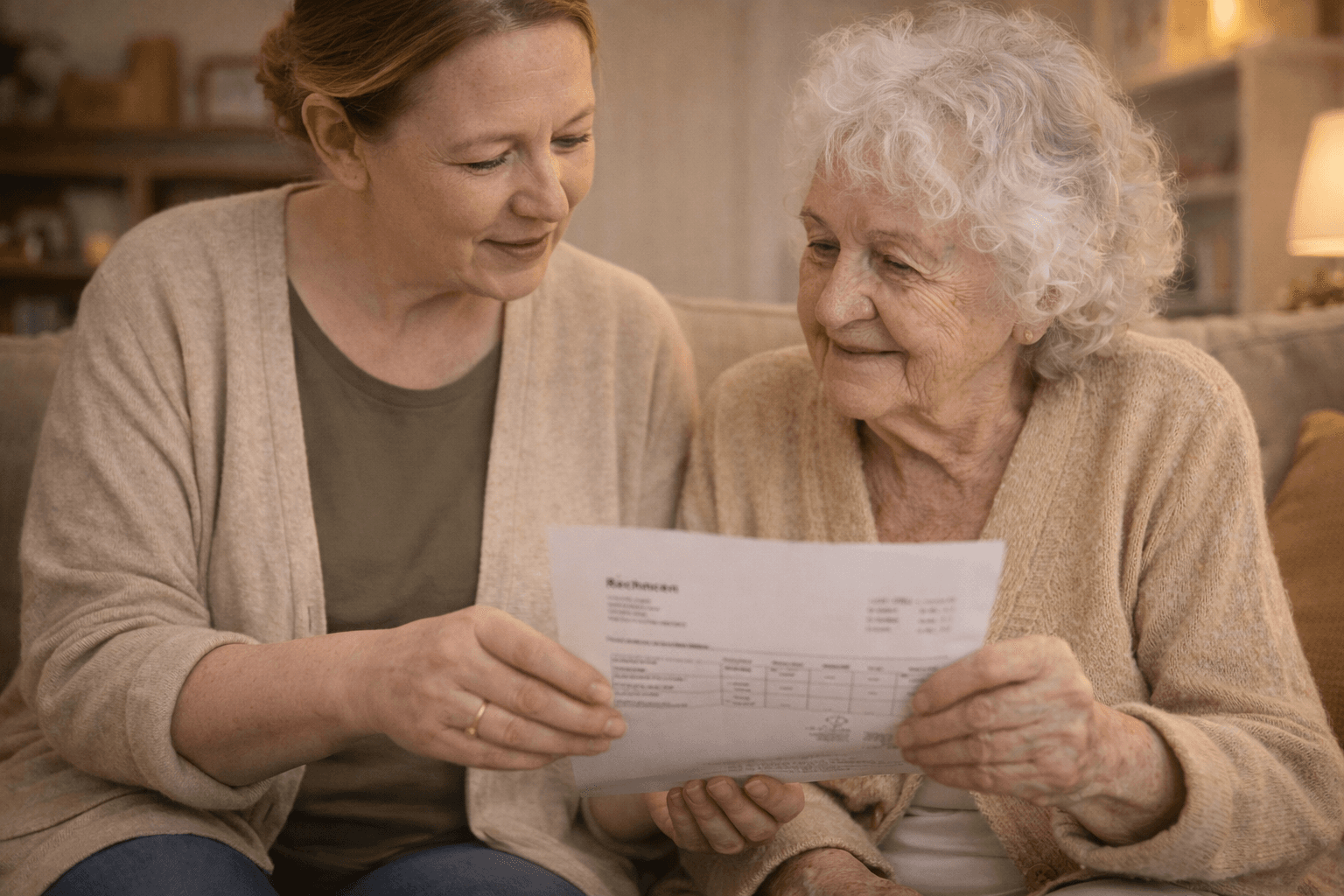 Alltagsbegleiterin erklärt Seniorin die transparente Abrechnung der Pflegeleistungen