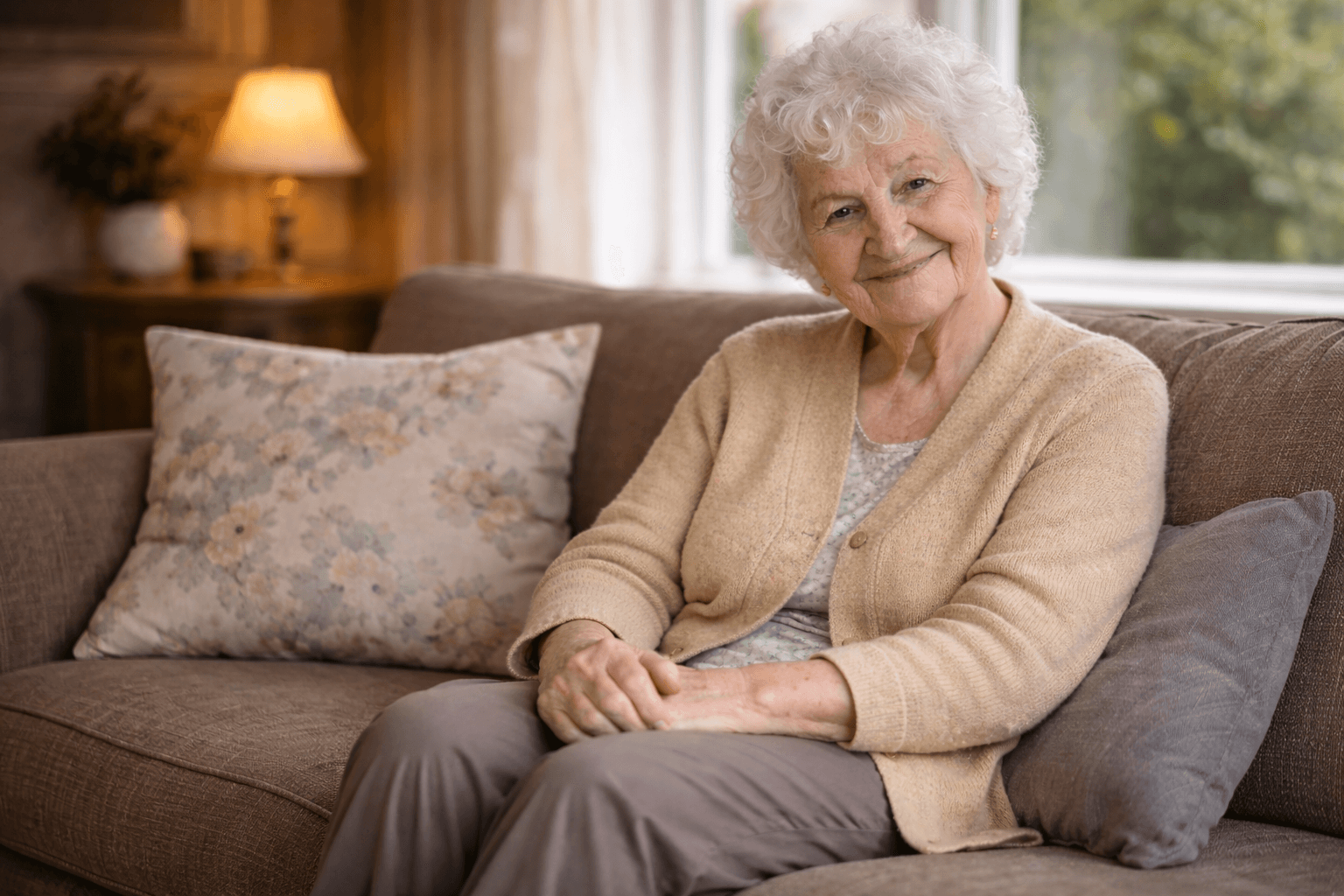 Zufriedene Seniorin auf dem Sofa in ihrem Wohnzimmer – selbstbestimmt zuhause leben