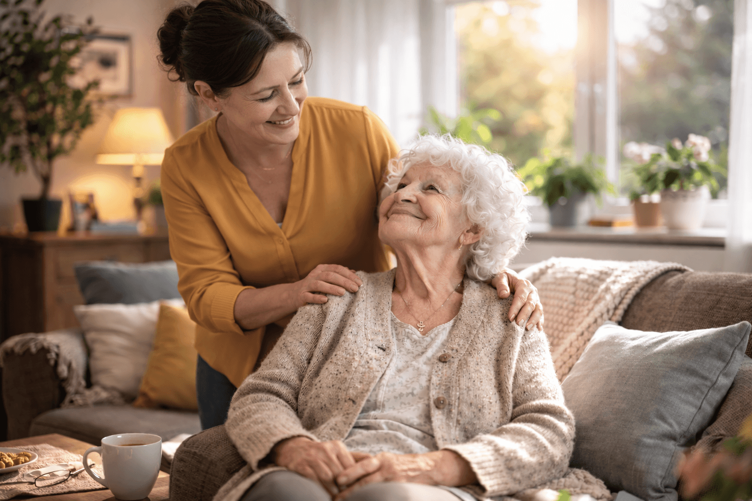 Alltagsbegleiterin begrüßt Seniorin liebevoll in ihrem Zuhause in Köln