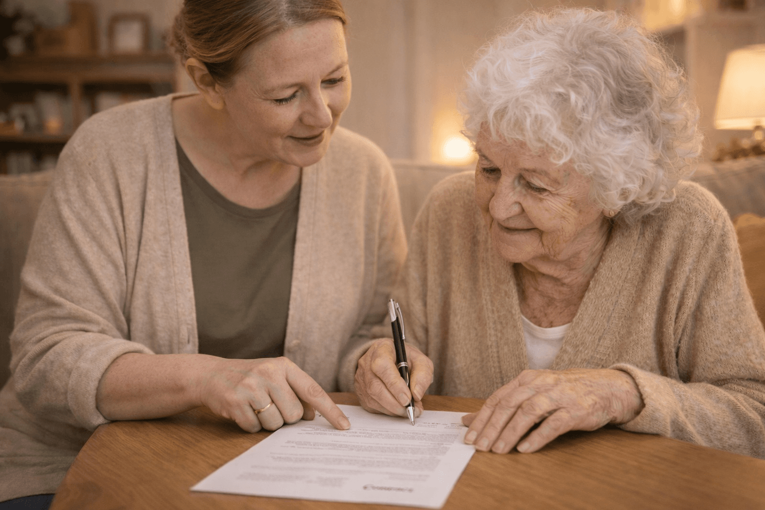 Alltagsbegleiterin hilft Seniorin beim Ausfüllen eines Dokuments