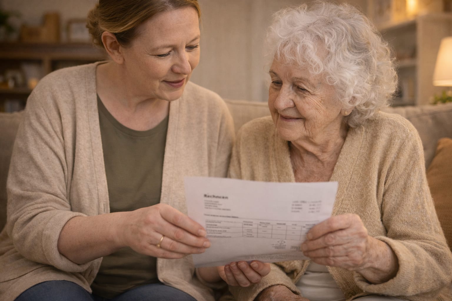 Alltagsbegleiterin erklärt Seniorin die transparente Abrechnung der Pflegeleistungen