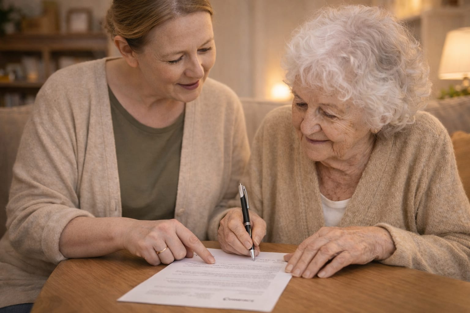 Alltagsbegleiterin berät Seniorin zu Pflegeleistungen und hilft beim Ausfüllen von Anträgen